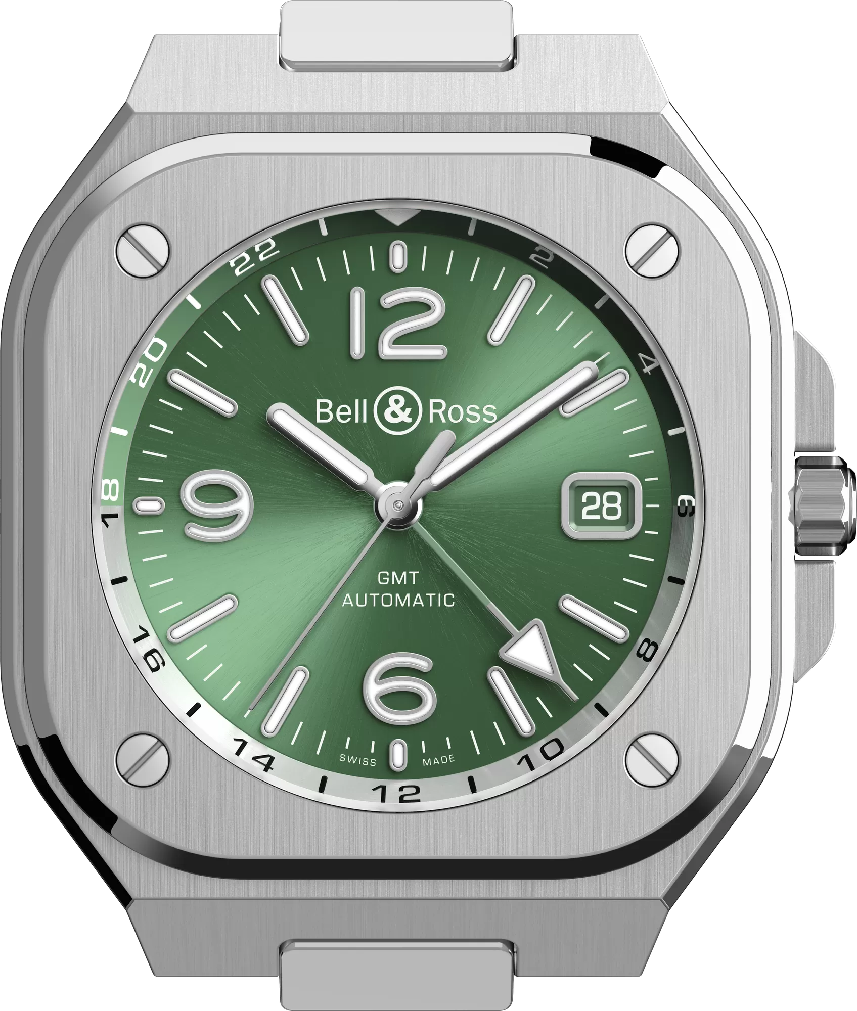 Bell & Ross BR-05 GMT Green Steel sage green dial close-up