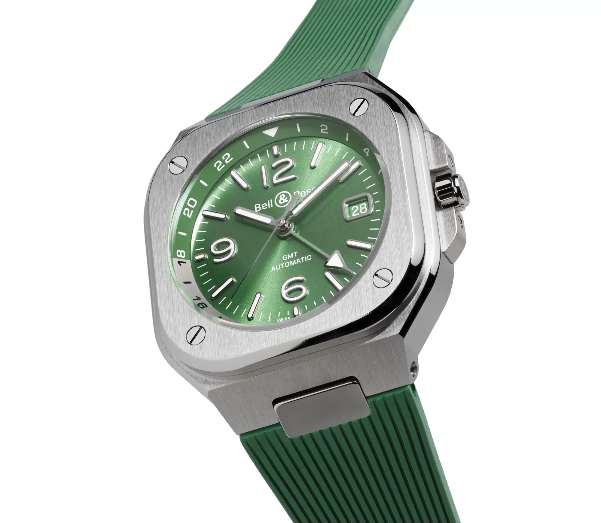 Bell & Ross BR-05 GMT Green Steel on green rubber strap
