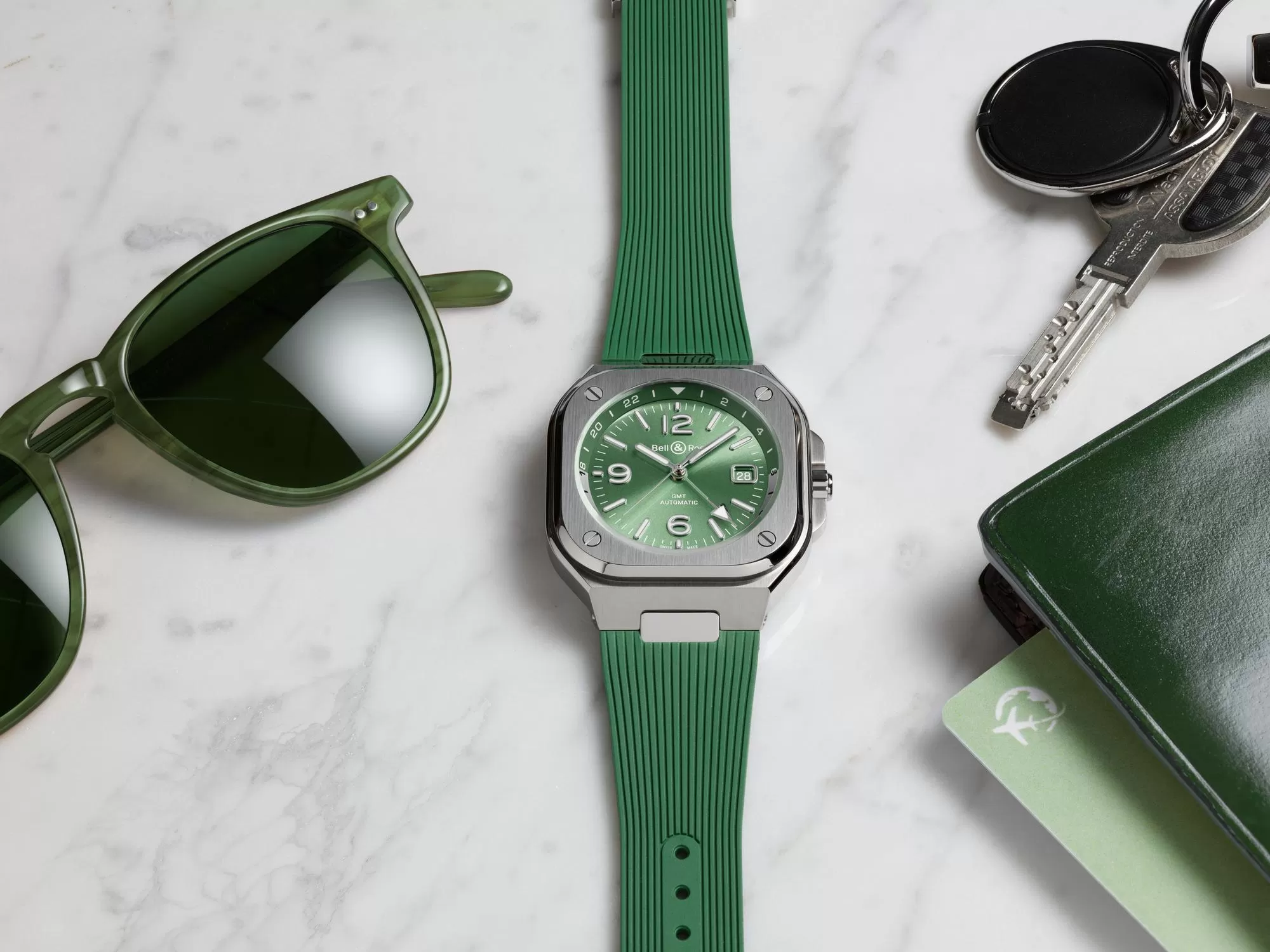 Bell & Ross BR-05 GMT Green Steel rubber strap lifestyle flatlay