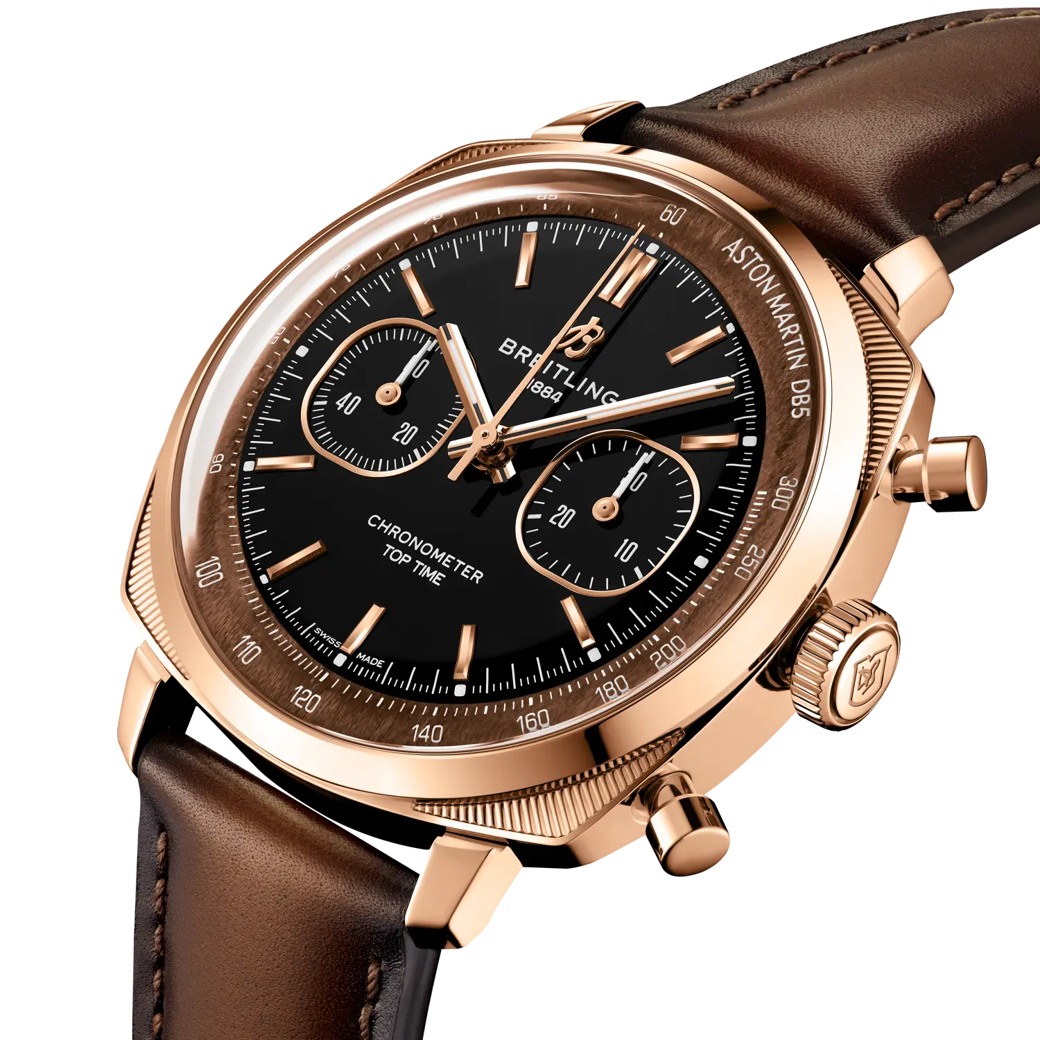 레드 골드 Breitling Top Time Aston Martin DB5 에디션의 사선 모습
