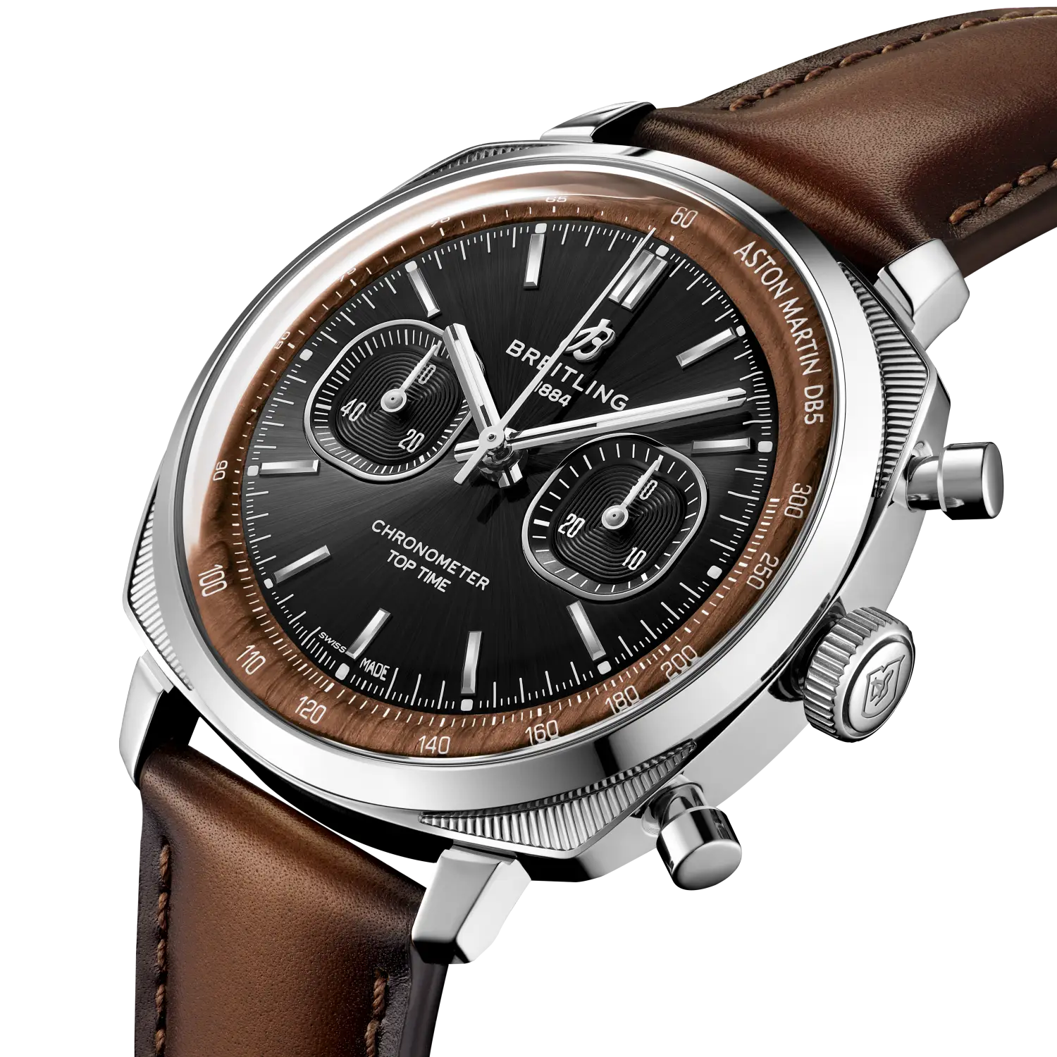 스테인리스 스틸 및 플래티넘 Breitling Top Time Aston Martin DB5 에디션의 사선 모습