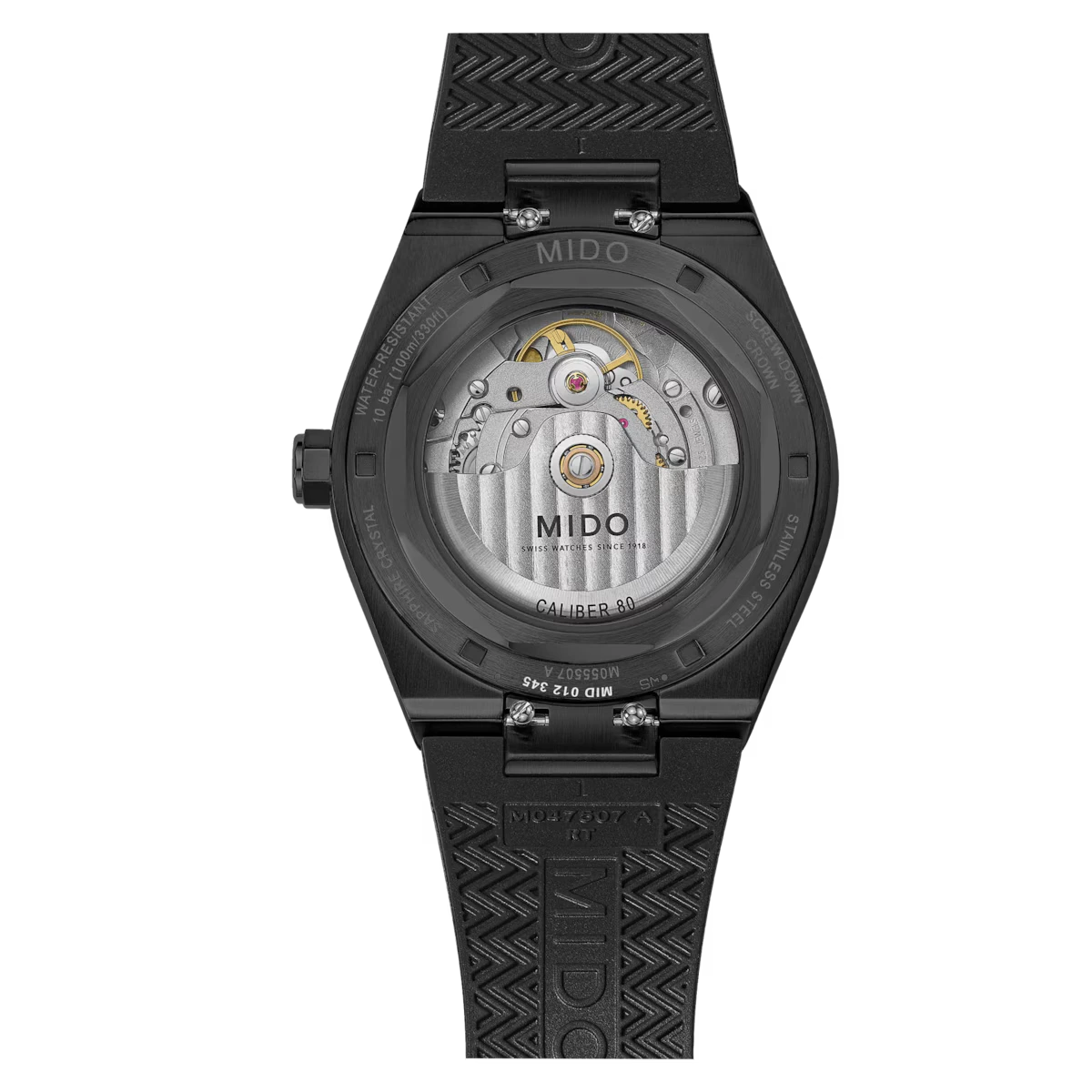 Mido Caliber 80 automatic movement through the transparent caseback