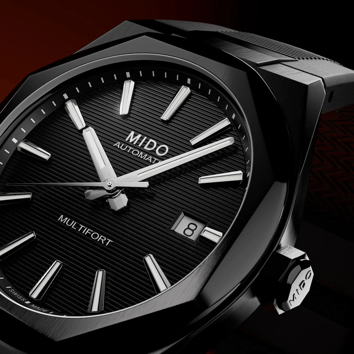 Close view of the Mido Multifort 8 One Crown black PVD dial and case