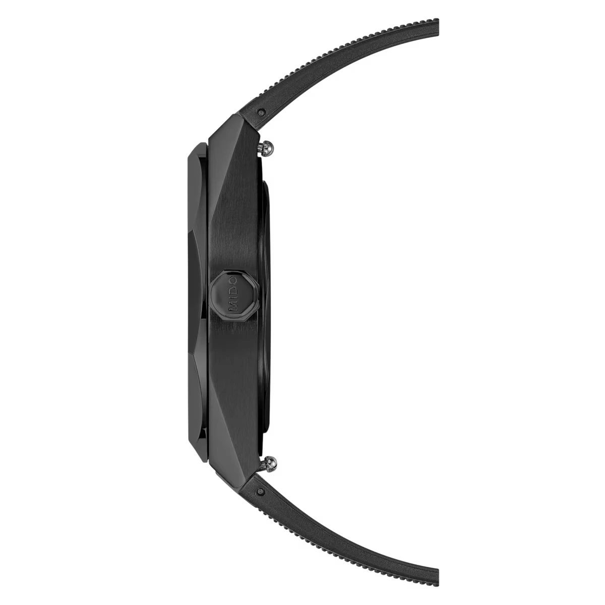 Side profile of the 9.9mm Mido Multifort 8 One Crown black PVD case