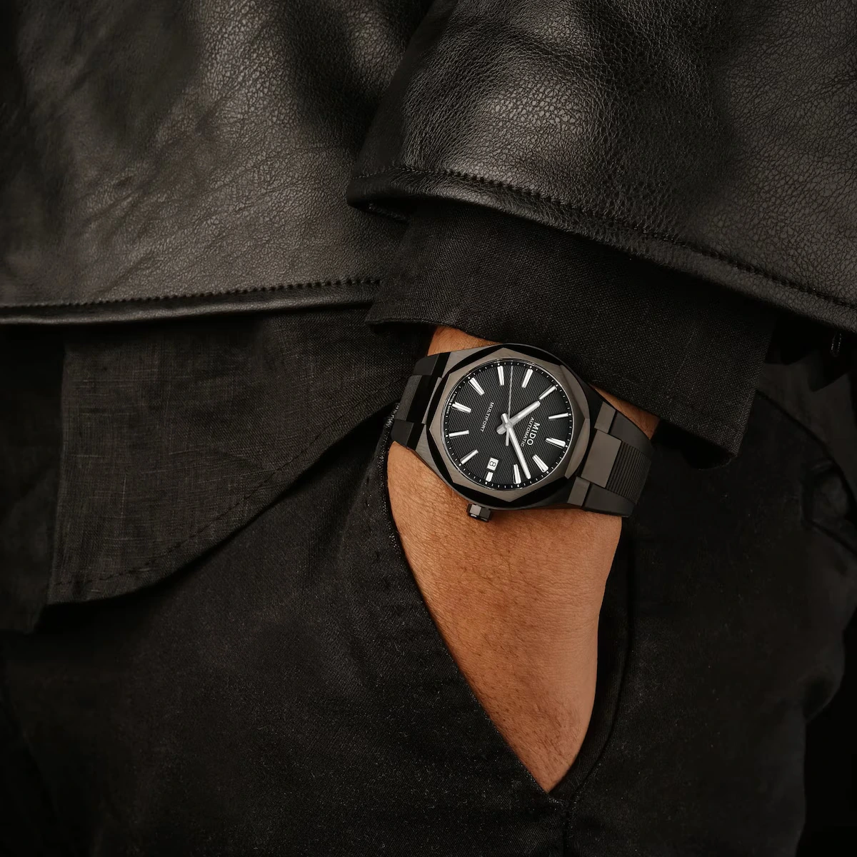 Mido Multifort 8 One Crown black PVD watch worn on the wrist