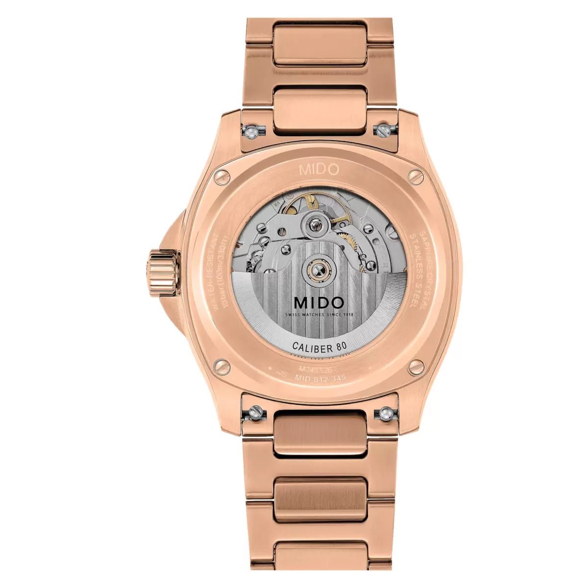 Movimento Mido Caliber 80 visibile attraverso il fondello del Multifort TV Big Date