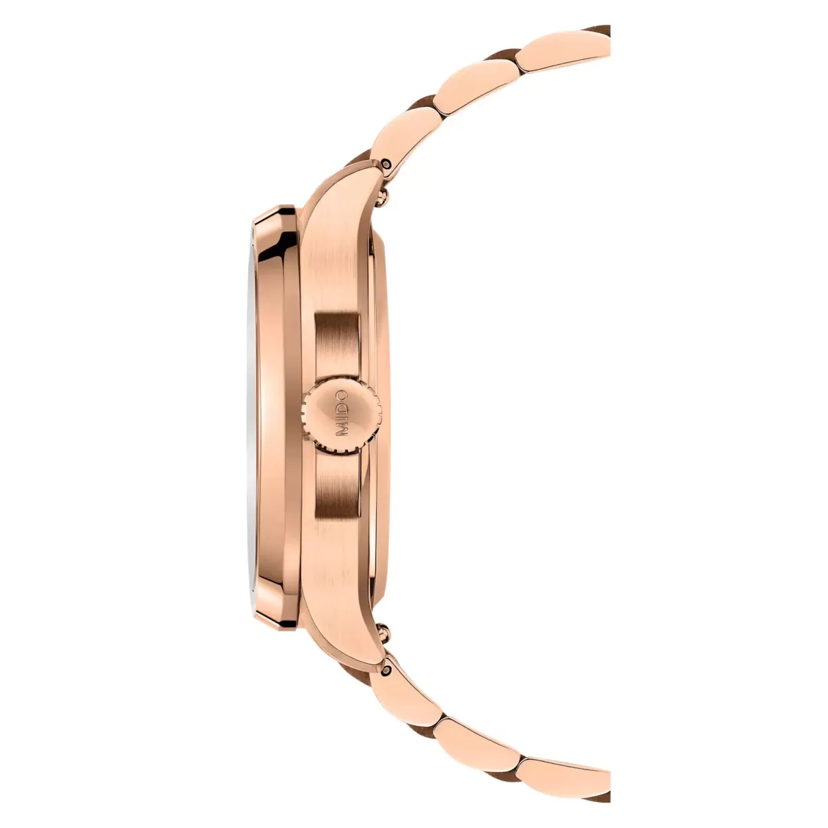 Profilo laterale della cassa in PVD color oro rosa del Mido Multifort TV Big Date