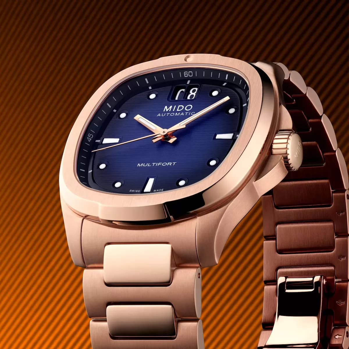 Orologio Mido Multifort TV Big Date con PVD color oro rosa e quadrante blu
