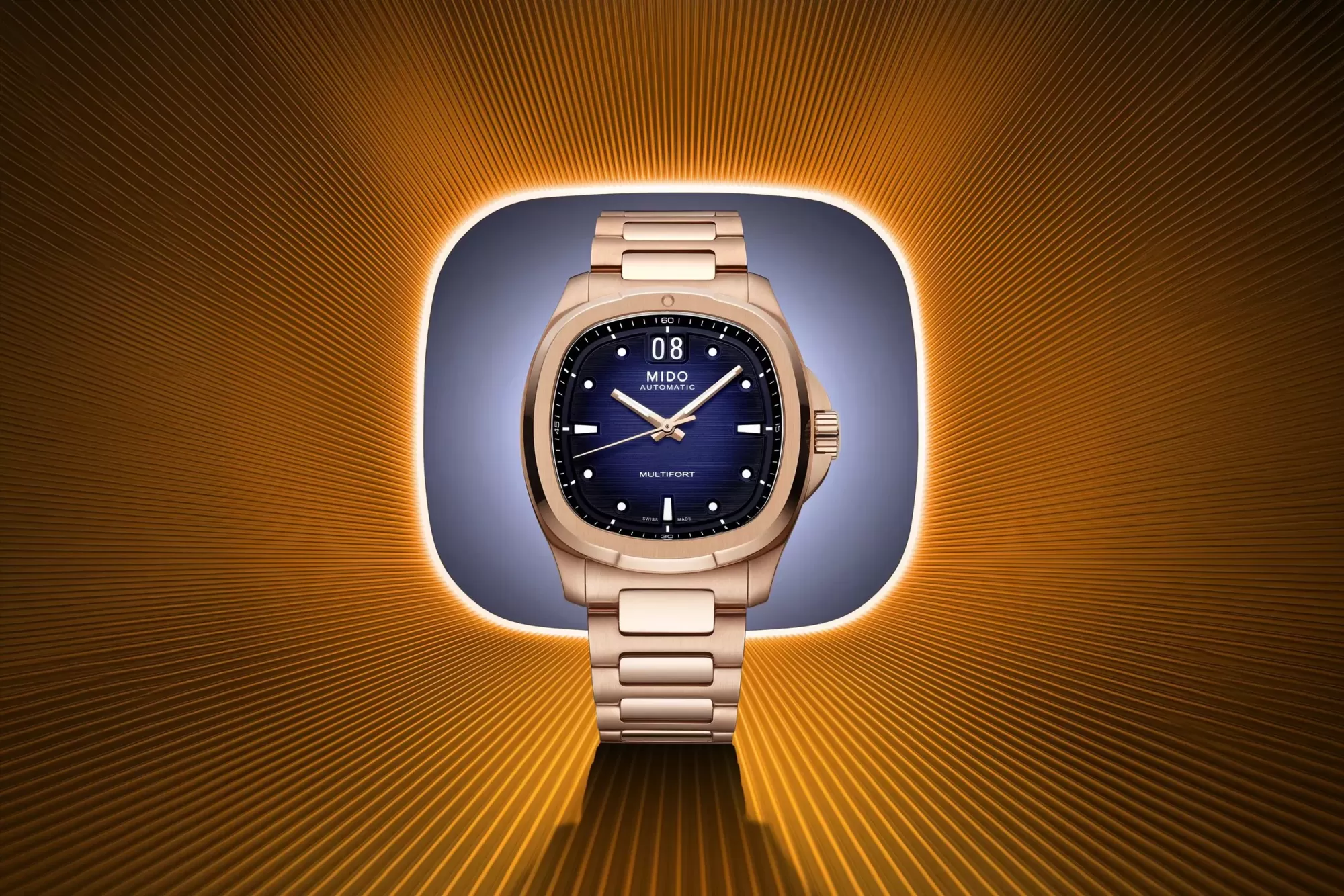 Mido Multifort TV Big Date Goes Rose-Gold PVD With a Midnight-Blue Dial