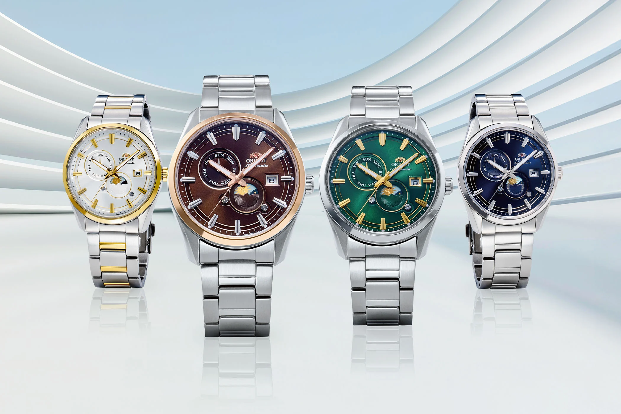 Orient Stretto Day and Night collection in white brown green and navy