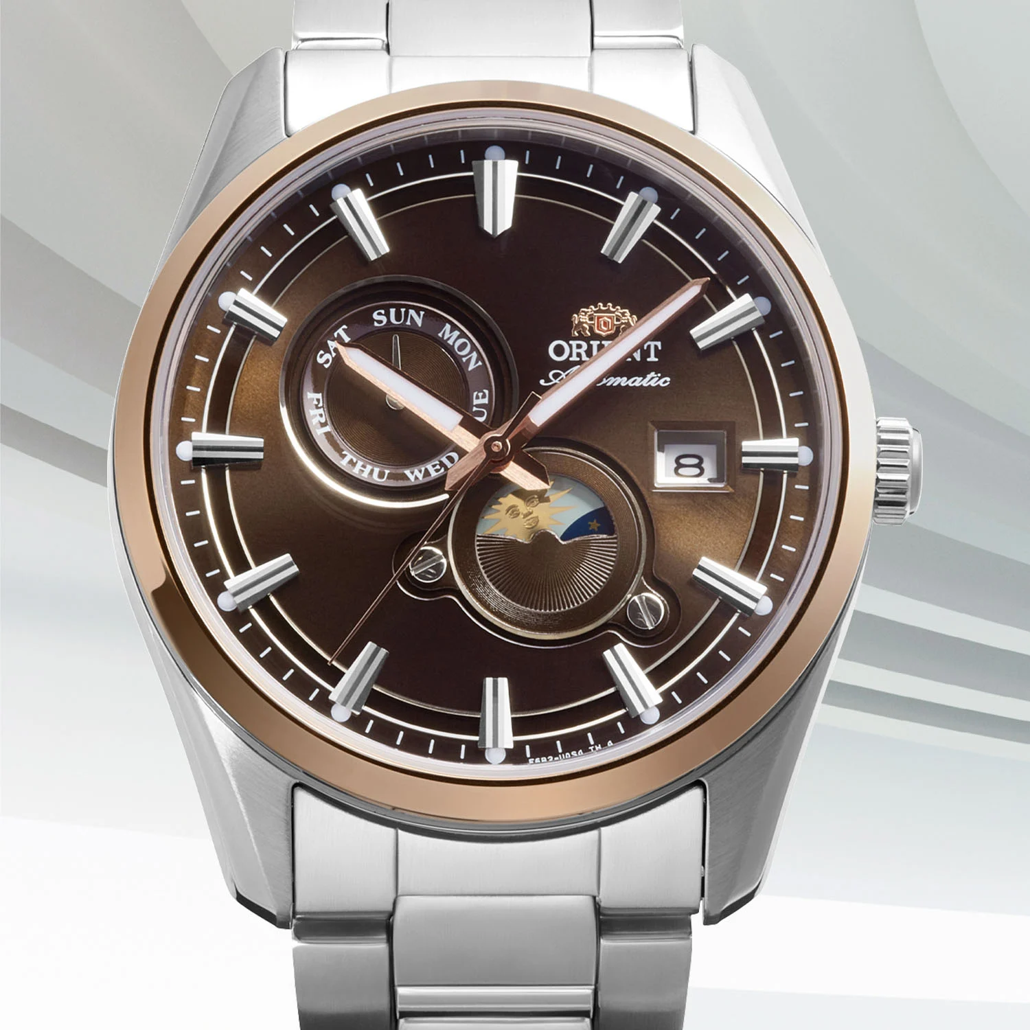 Orient Stretto Day and Night RA-AK0313Y brown dial rose gold coloured bezel