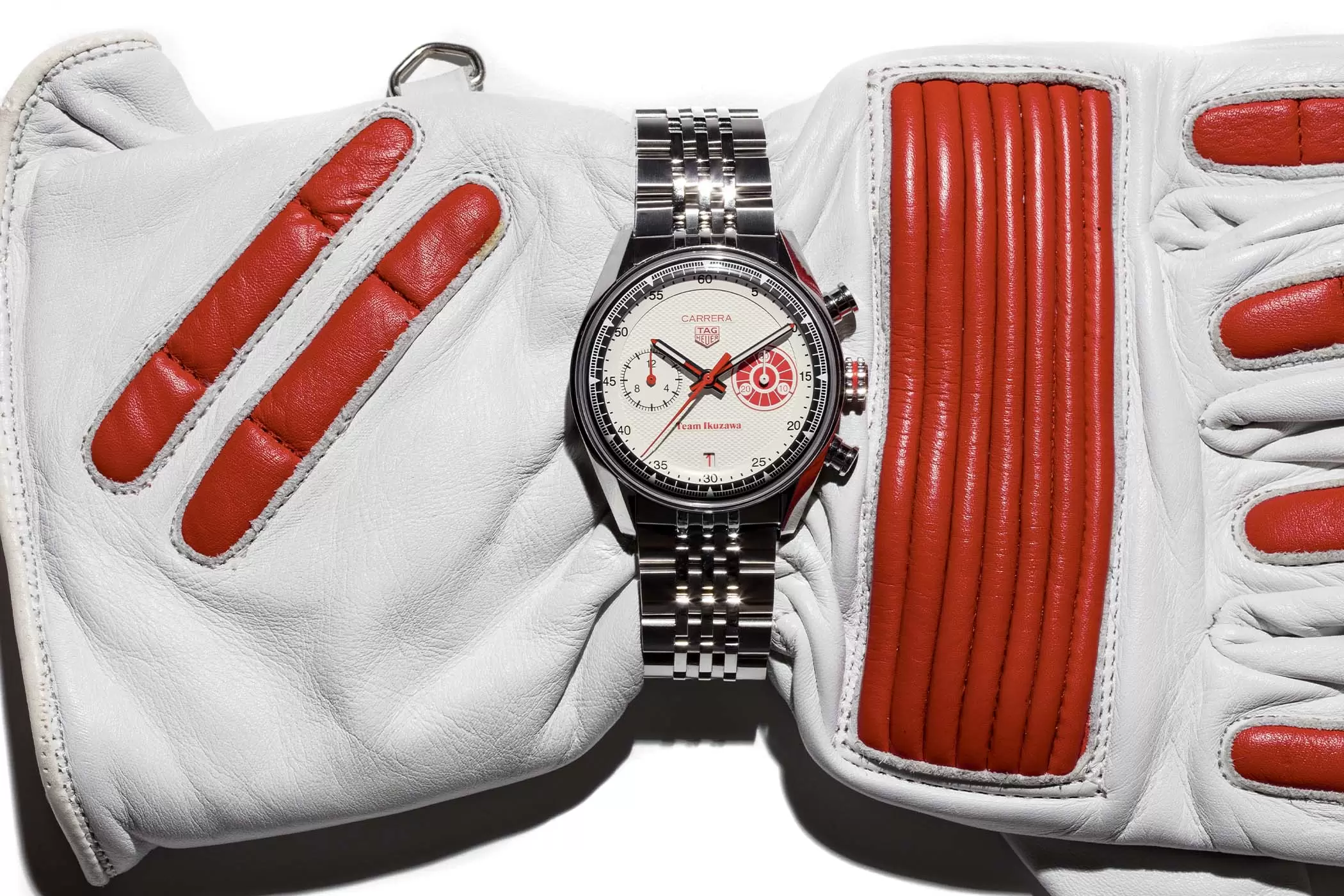 TAG Heuer Carrera Chronograph x Team Ikuzawa CBS221M.EB0435 with white and red racing gloves