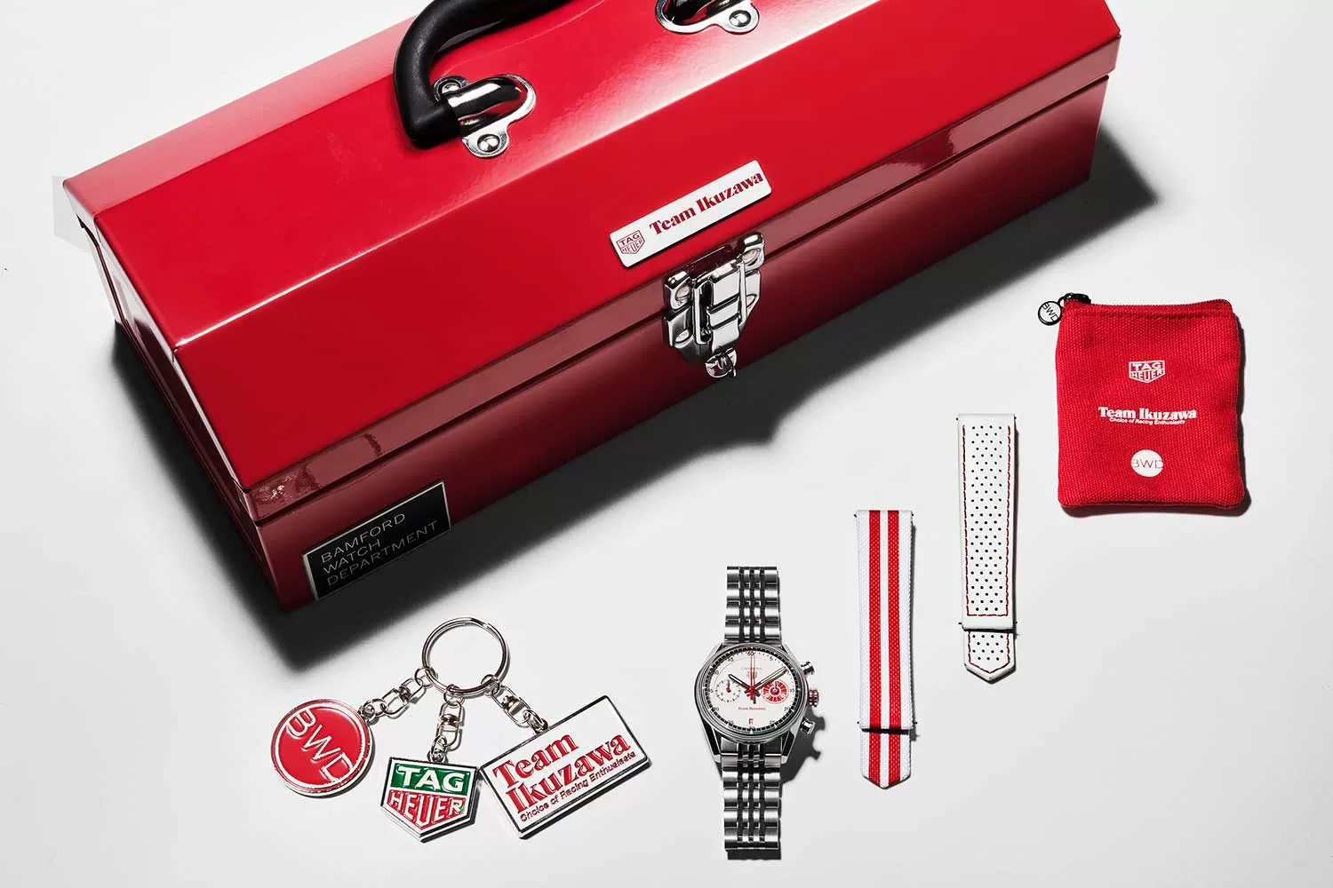 TAG Heuer Carrera x Team Ikuzawa red toolbox presentation set with straps and charms