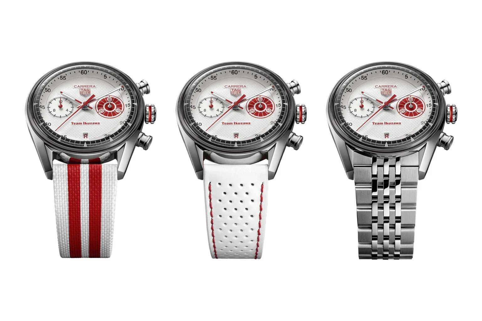 TAG Heuer Carrera x Team Ikuzawa bracelet, white leather strap and white textile strap