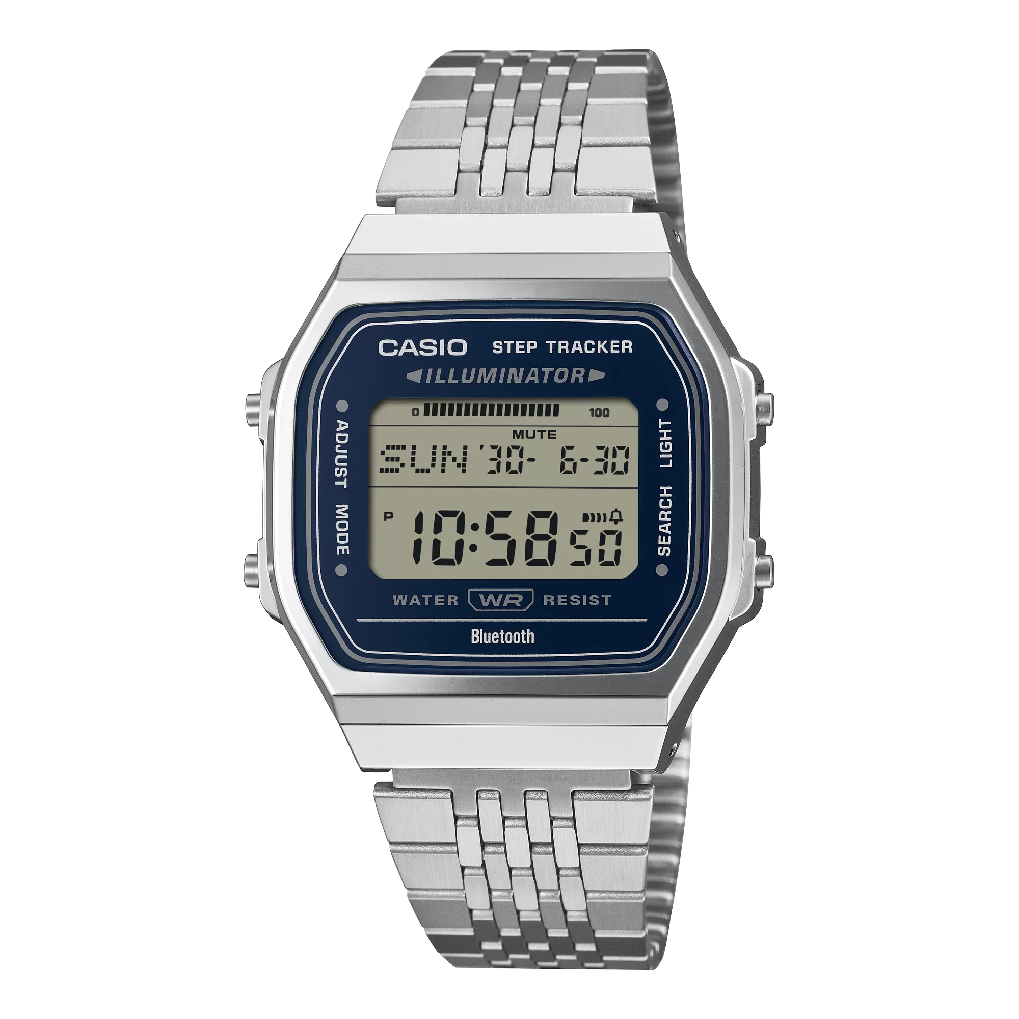 Casio ABL-100WE-2A digital watch with dark-blue dial and stainless-steel bracelet