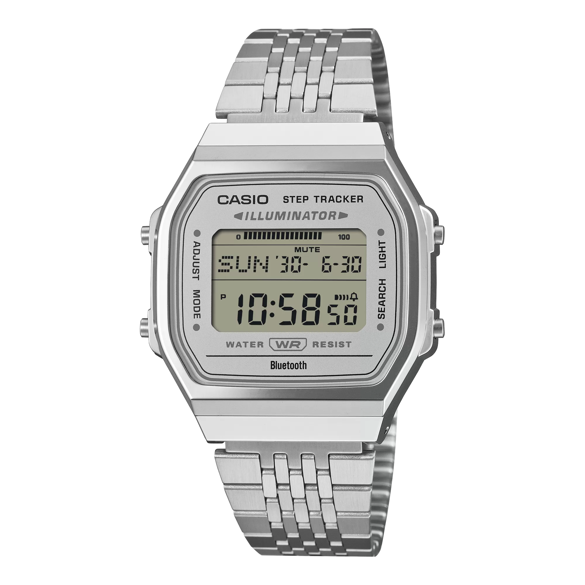 Casio ABL-100WE-7A digital watch with grey dial and stainless-steel bracelet