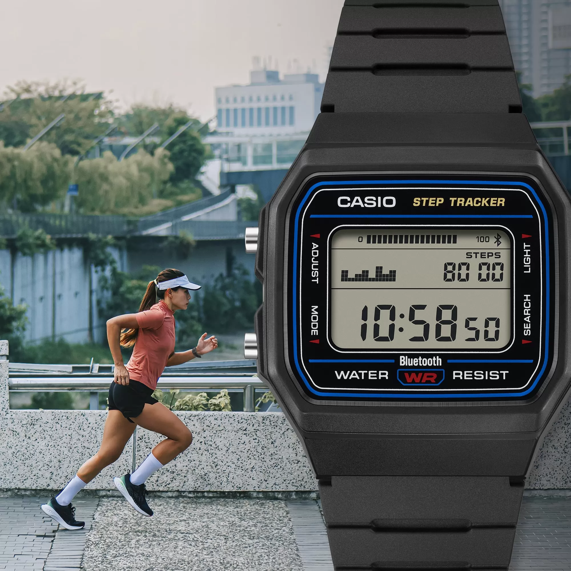 Runner wearing the Casio F-B100W step-tracking watch