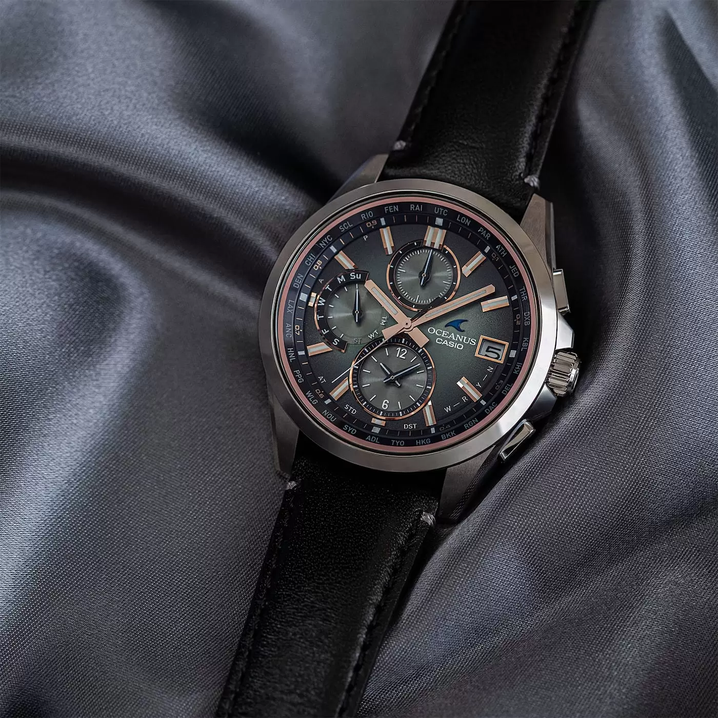Green dial and brown Tochigi leather strap of the Casio Oceanus OCW-T2600RL-3AJR