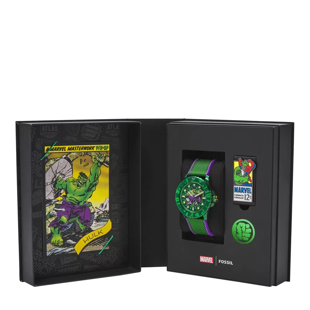 Box und Sammlerzubehör der Fossil Spider-Man-vs.-Hulk-Uhren