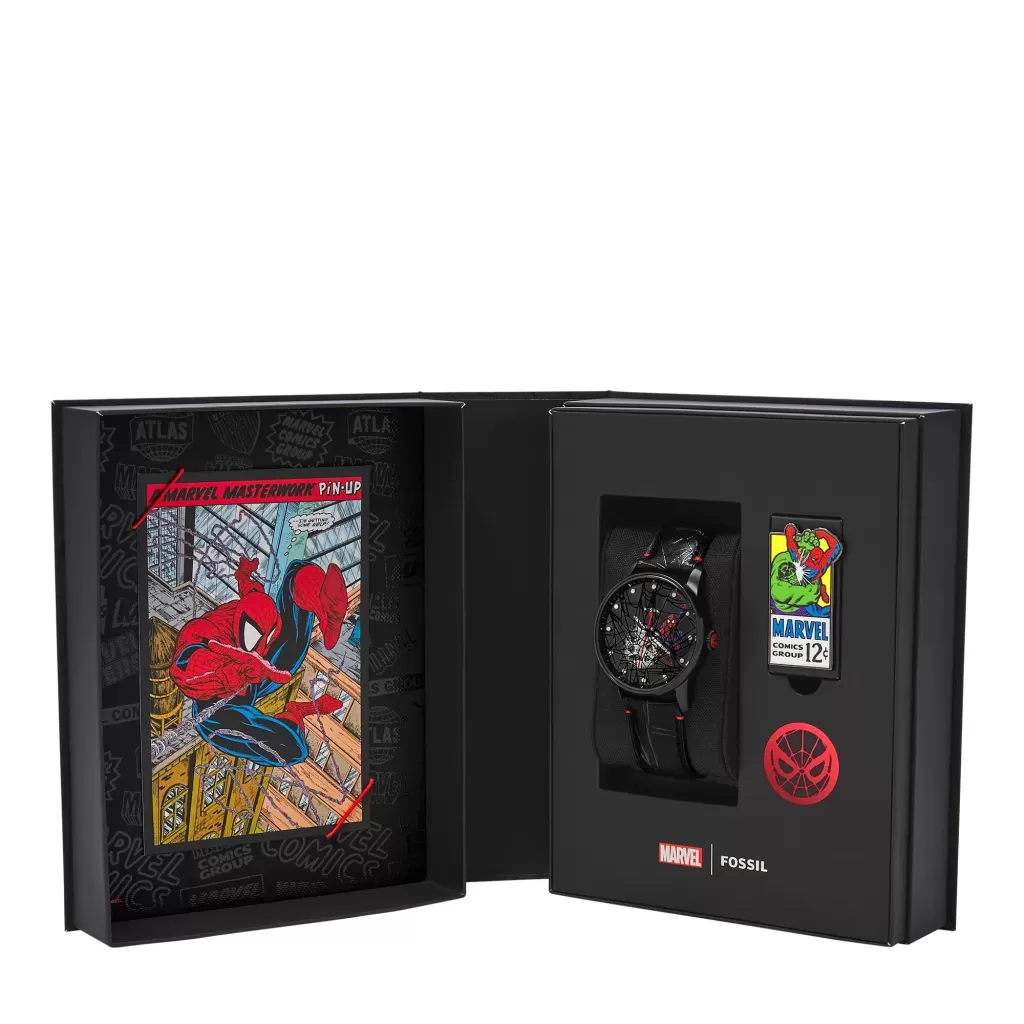 Comic-Verpackungen der limitierten Fossil Spider-Man-vs.-Hulk-Uhren
