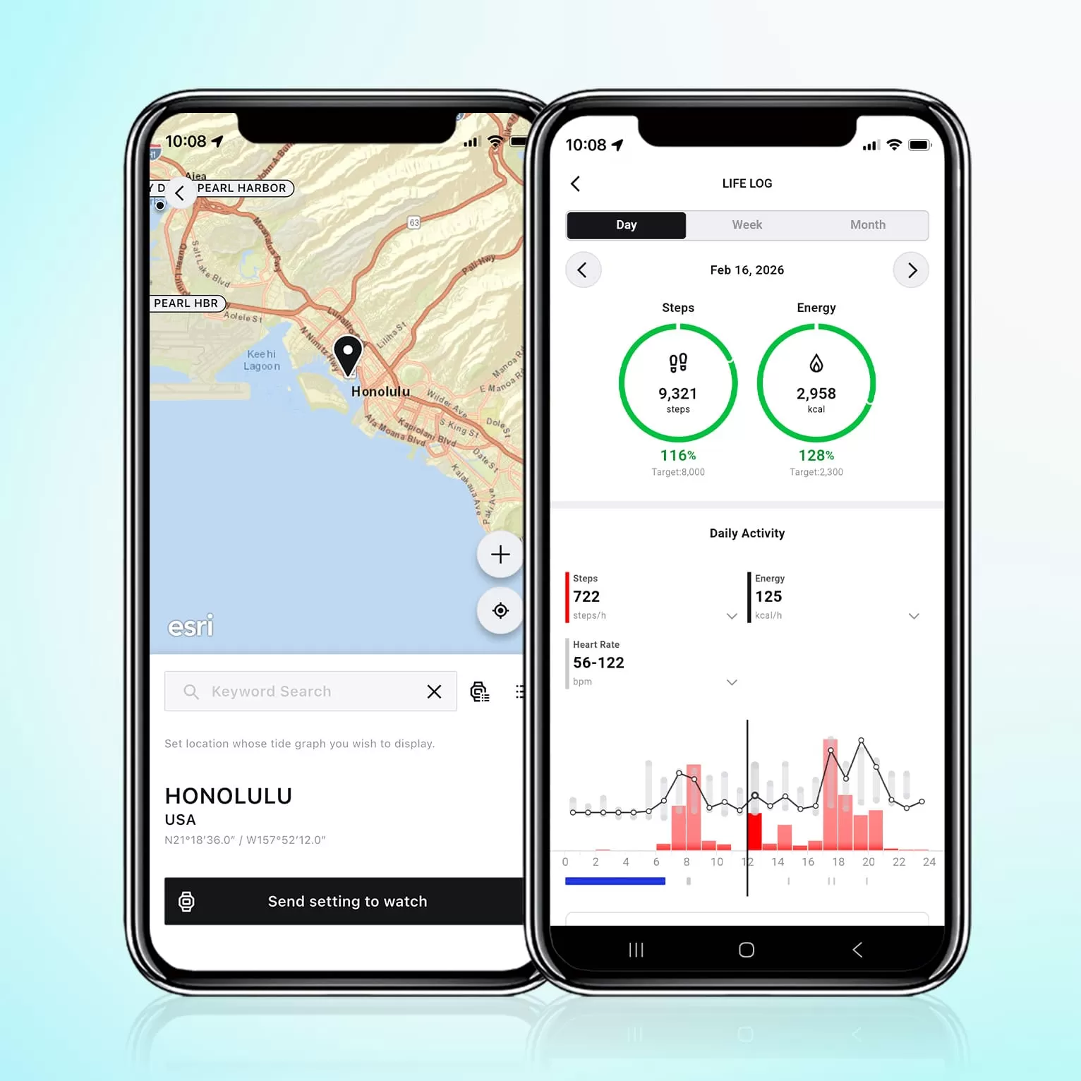 Casio Watches app tide and activity screens