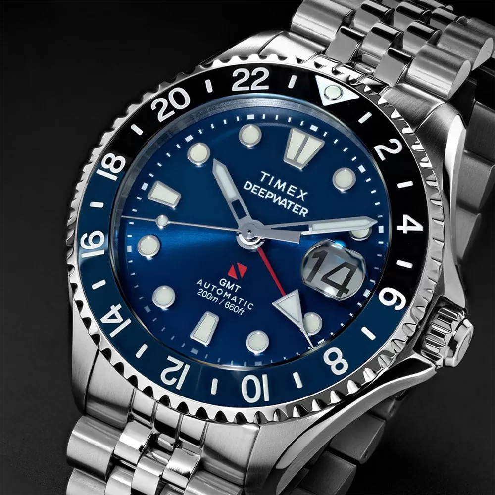 Front view of the blue Timex Deepwater Meridian 200 Automatic GMT reference TW2Y64000 on its five-link bracelet