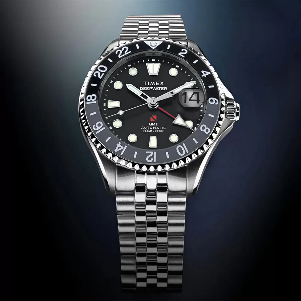 Front view of the black Timex Deepwater Meridian 200 Automatic GMT reference TW2Y63900 on its five-link bracelet
