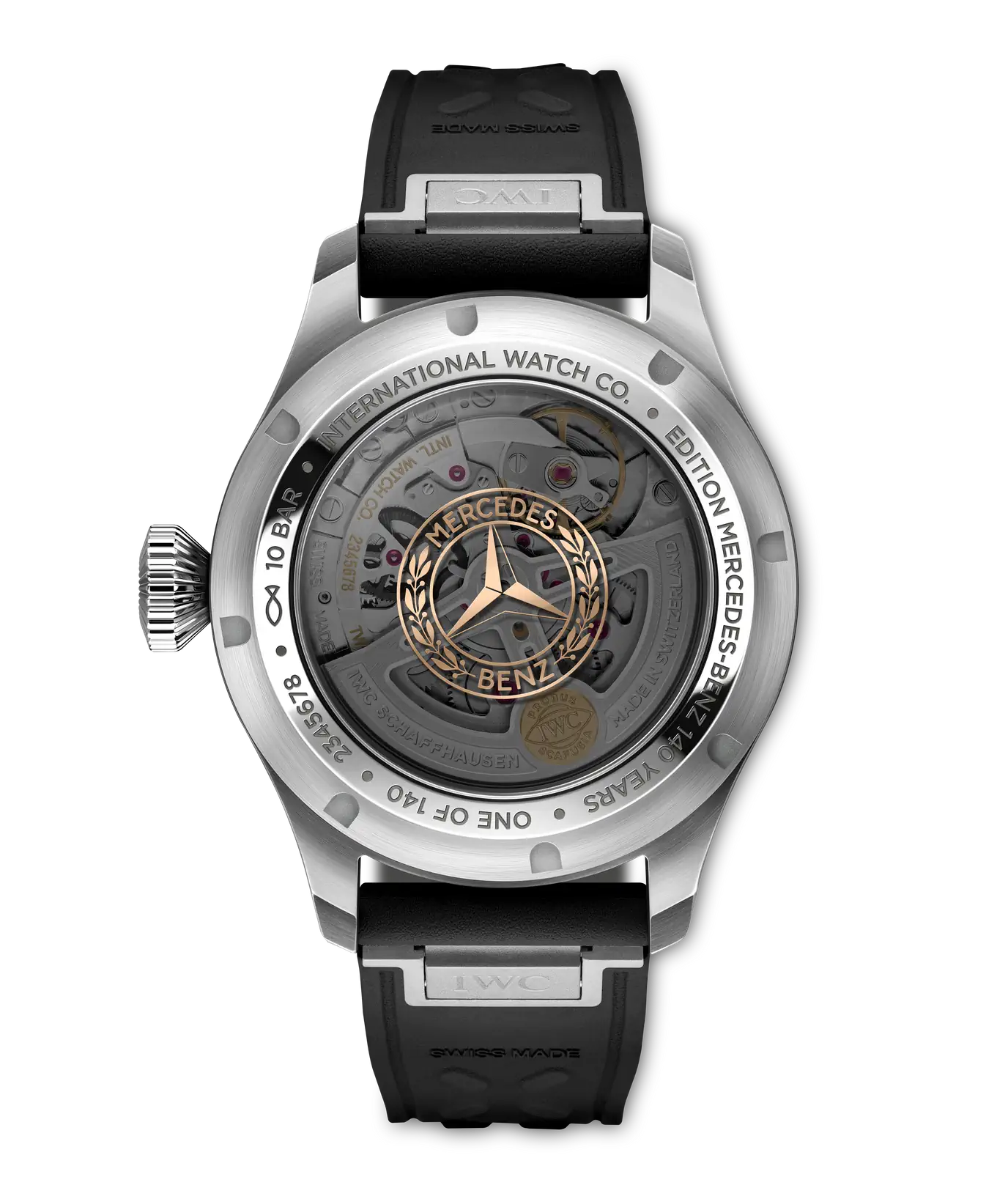 Caseback of the IWC Big Pilot Perpetual Calendar ProSet IW329603 with Mercedes-Benz emblem and calibre 82665