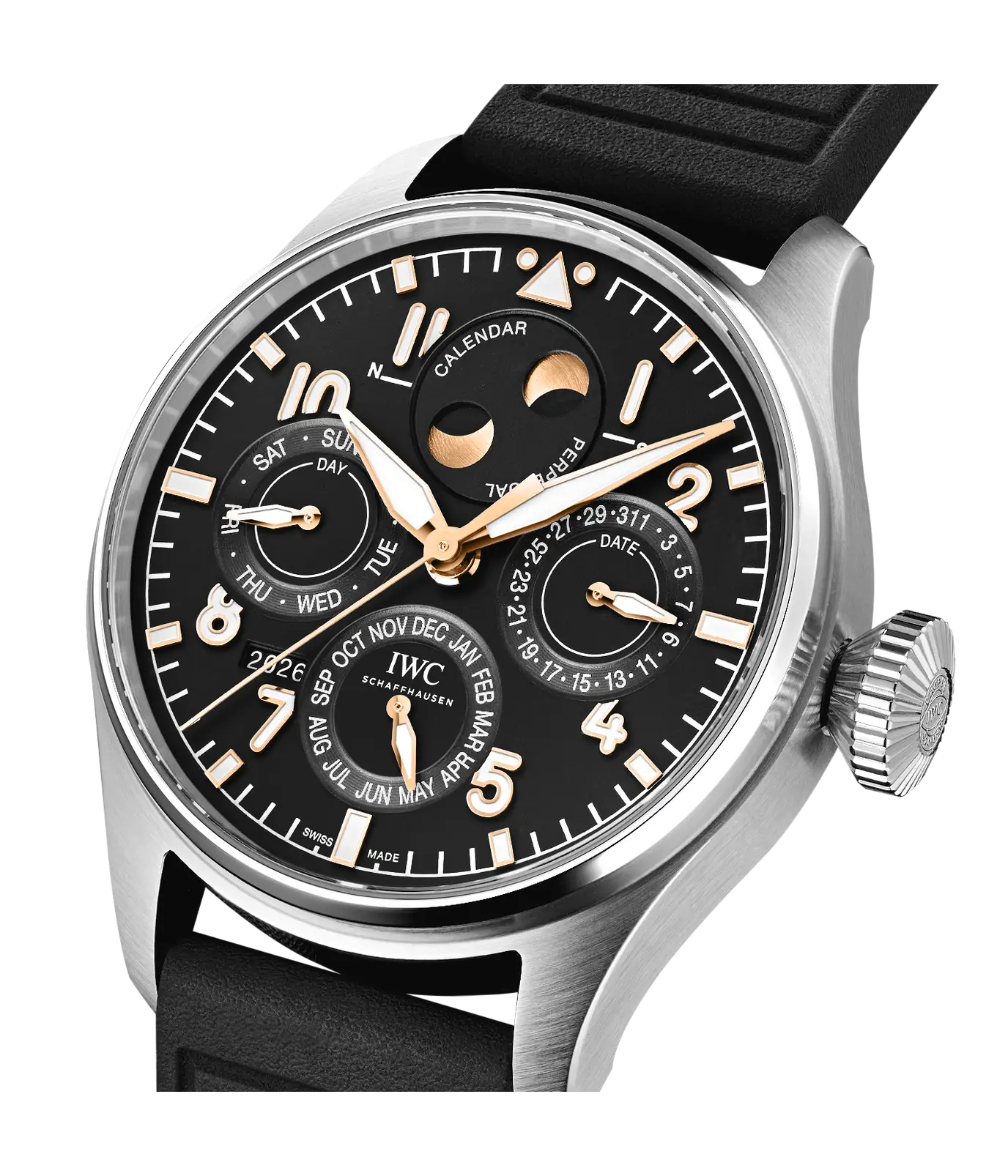 Angled view of the IWC Big Pilot Perpetual Calendar ProSet IW329603 black dial and gold details