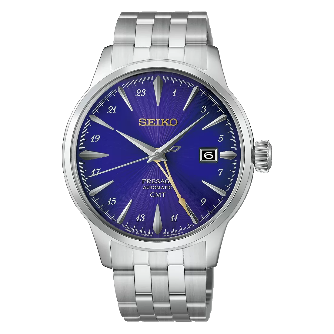Seiko Presage Cocktail Time HCB006J front view with purple GMT dial