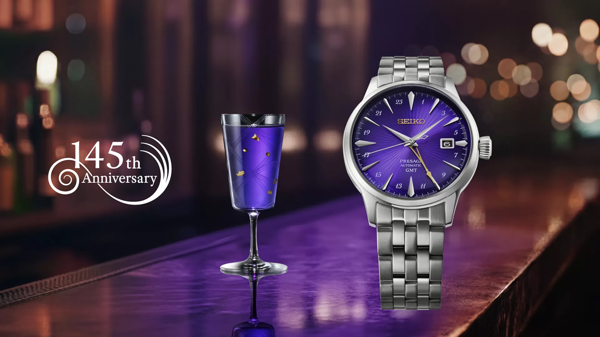 Seiko Presage Cocktail Time HCB006J beside the Edo Purple cocktail that inspired its purple GMT dial