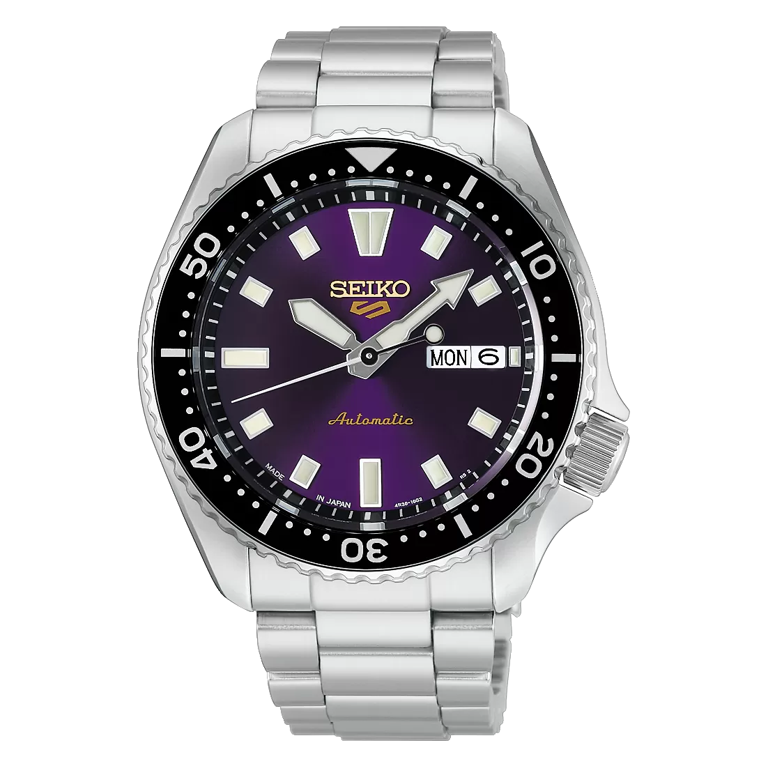 Seiko 5 Sports SKX HDB003J front view with purple dial and black bezel