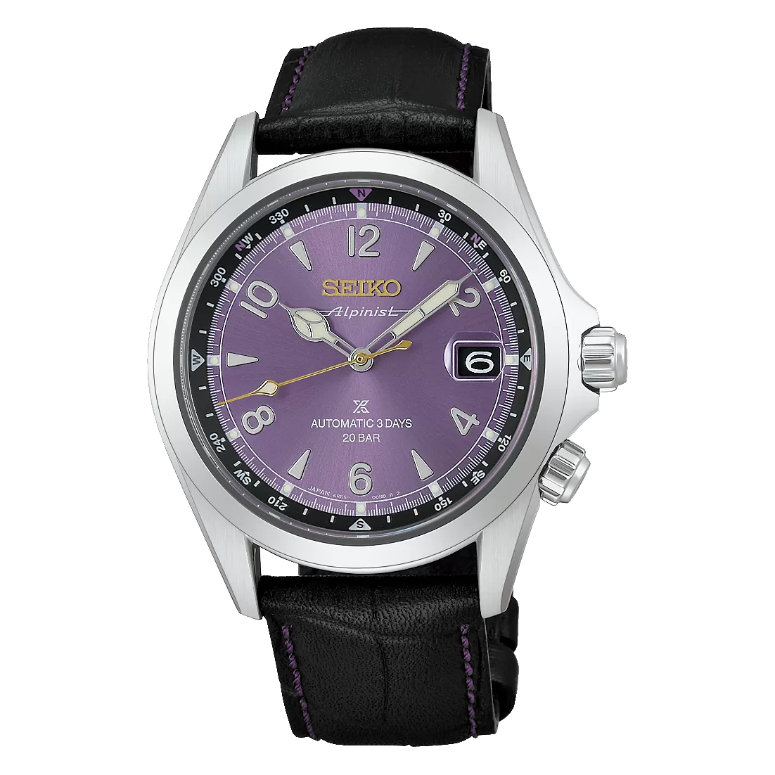 Seiko Prospex Alpinist HBC006J front view with purple dial and black leather strap