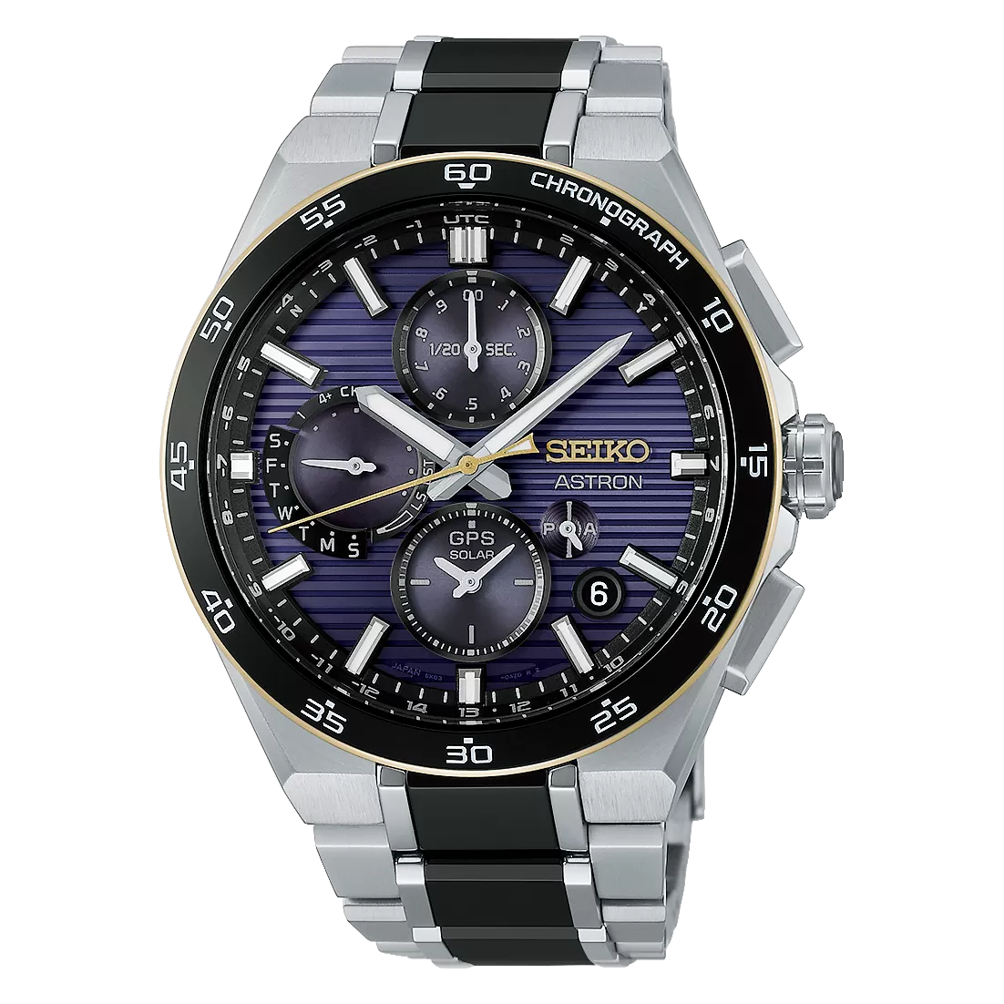 Seiko Astron HAB011J1 front view with purple dial, black bezel and gold-coloured accents