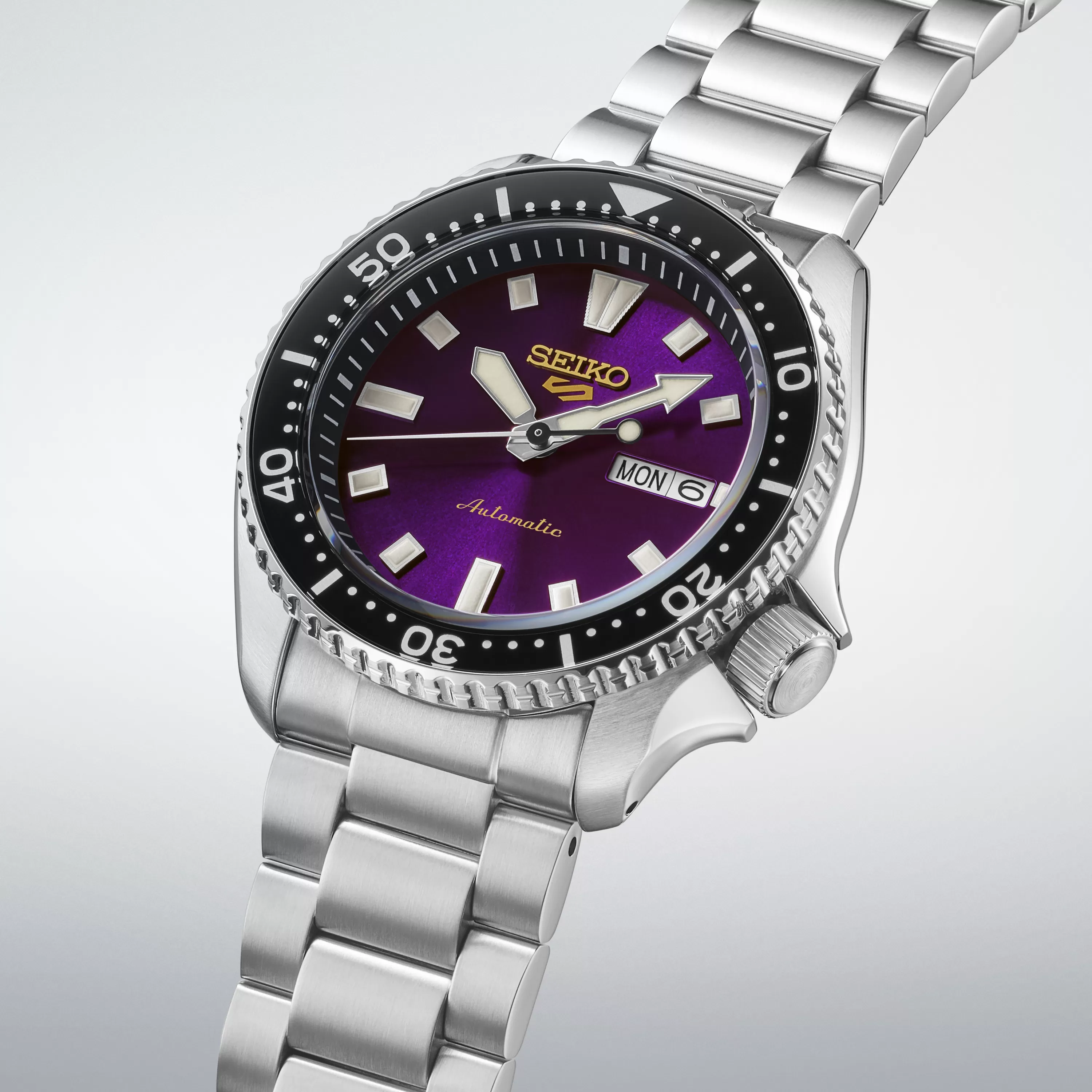 Angled close-up of the purple dial on the Seiko 5 Sports SKX HDB003J