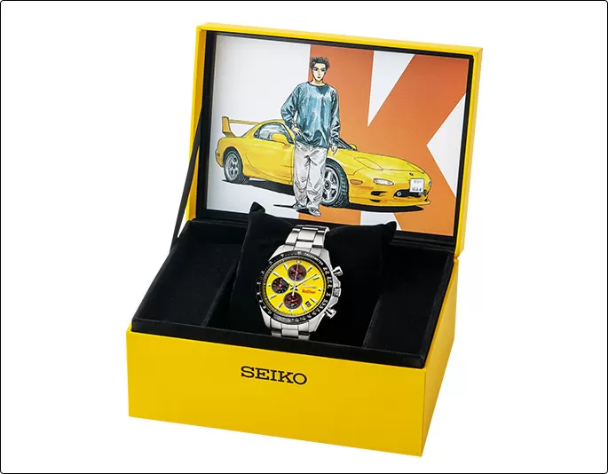 Seiko Initial D Keisuke Takahashi RX-7 watch displayed inside its open presentation box