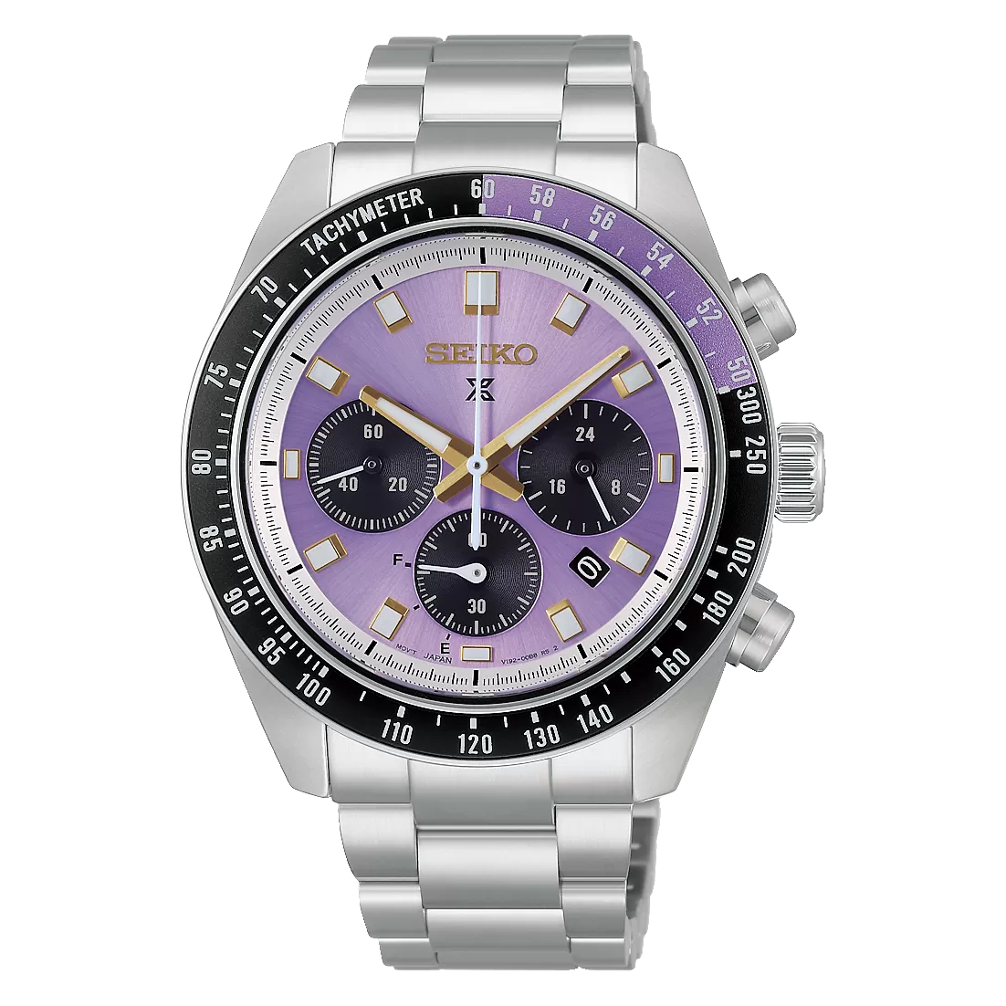Front view of the Seiko Prospex Speedtimer Solar Chronograph HBJ005 with pale purple dial and black tachymeter bezel