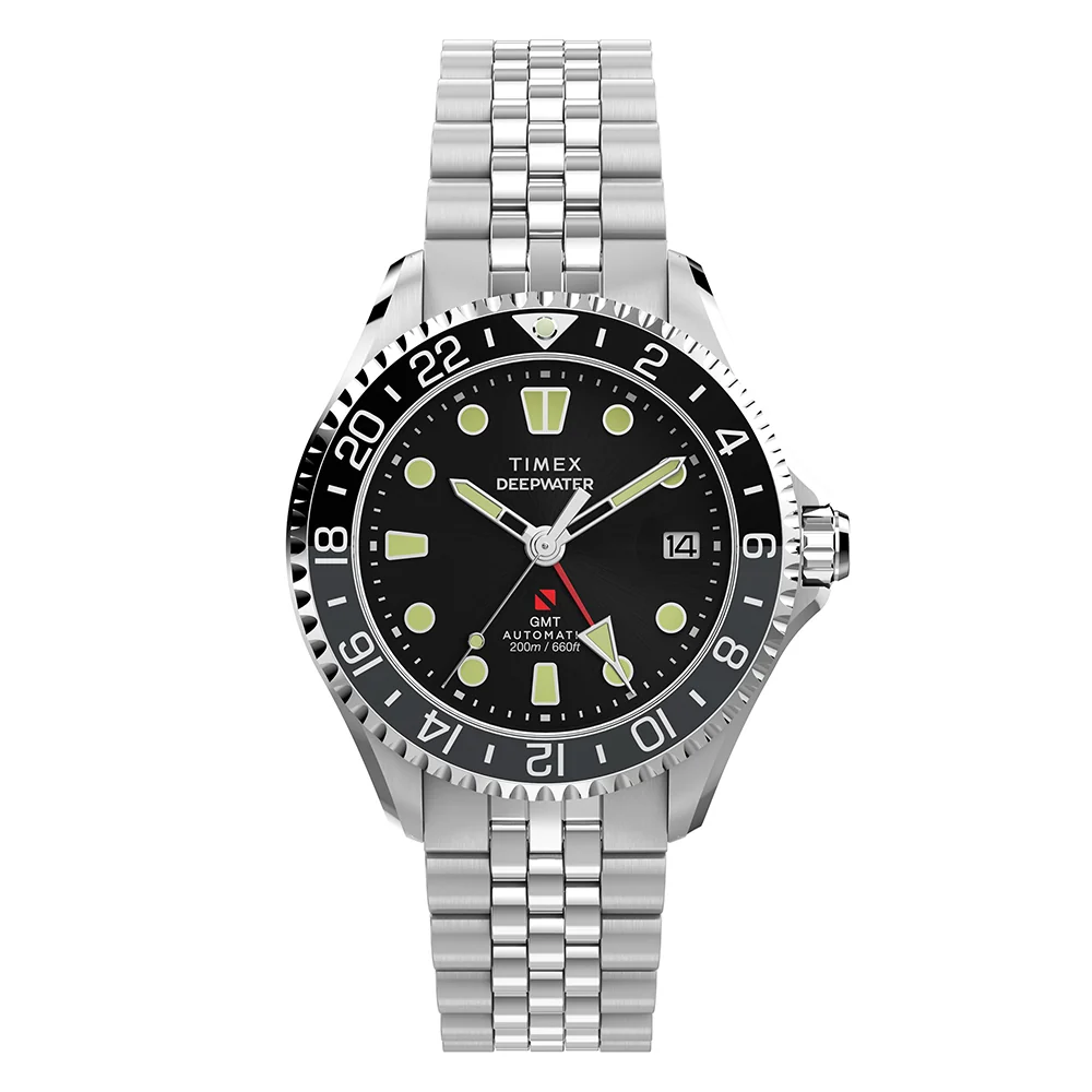 Front view of the Timex Deepwater Meridian 200 Automatic GMT showing its black dial, luminous markers, date magnifier and GMT hand