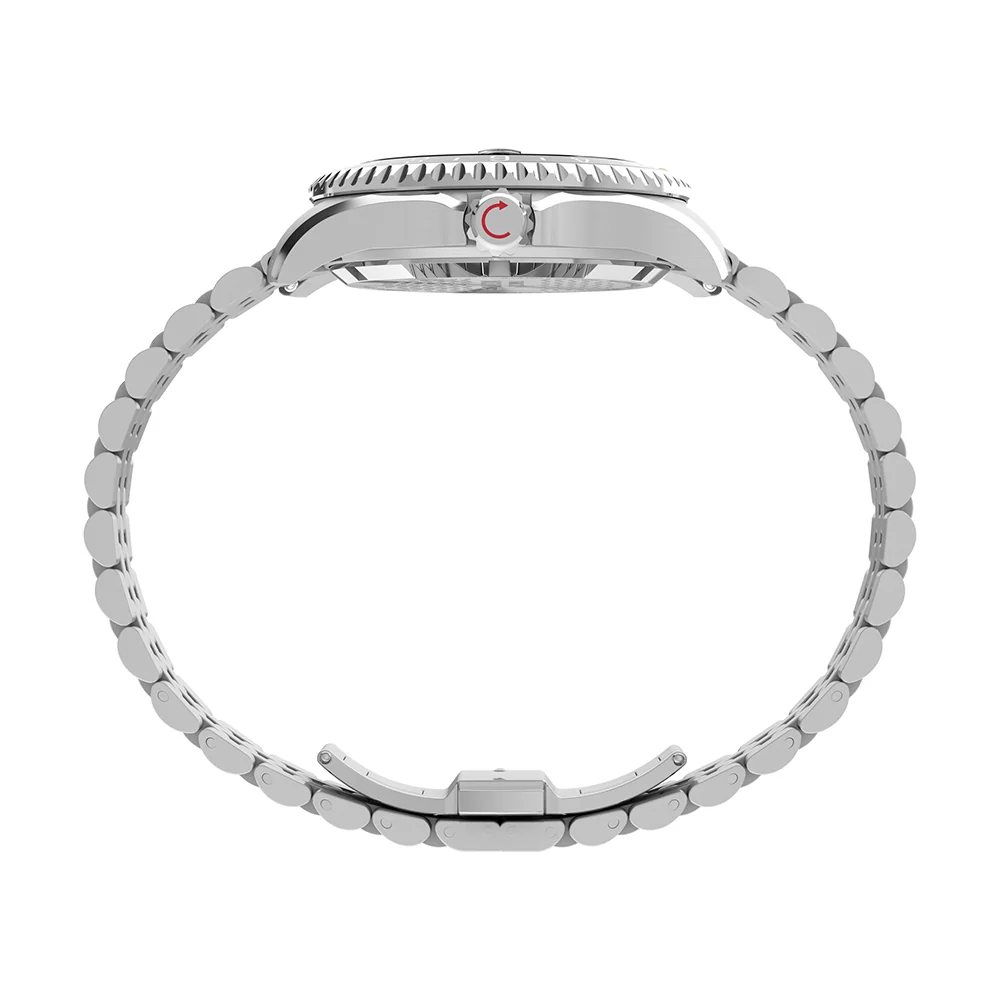 Side profile of the Timex Deepwater Meridian 200 Automatic GMT showing the case height, crown guard and five-link bracelet
