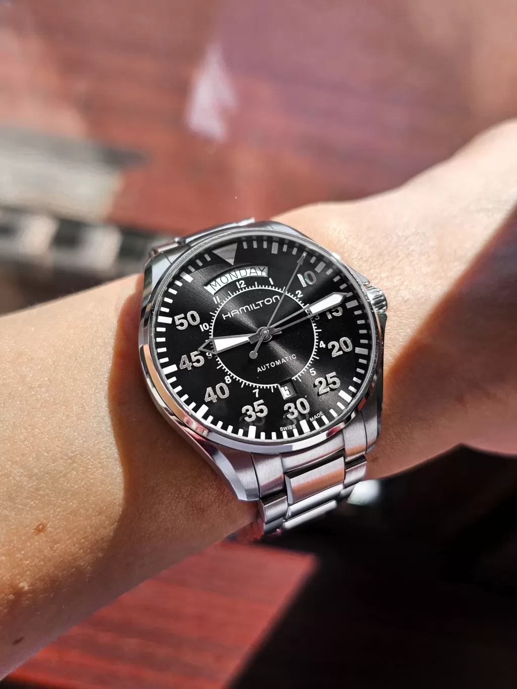 Hamilton Cooper H64615135 on its original steel bracelet on my wife's 6.5 inch wrist
